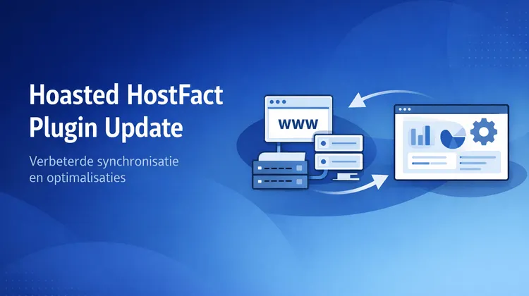 Illustratie van synchronisatie tussen domeinen, hostingaccounts en een backend dashboard via de Hoasted HostFact plugin.