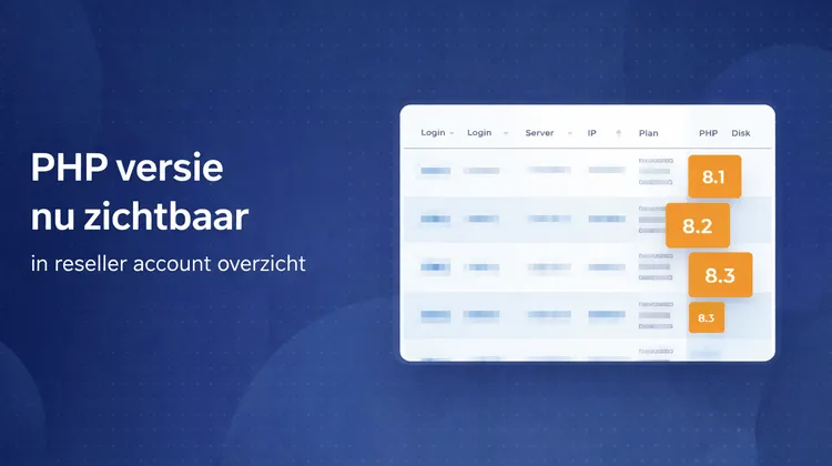Reseller account overzicht met zichtbare PHP versies per account in het Hoasted platform